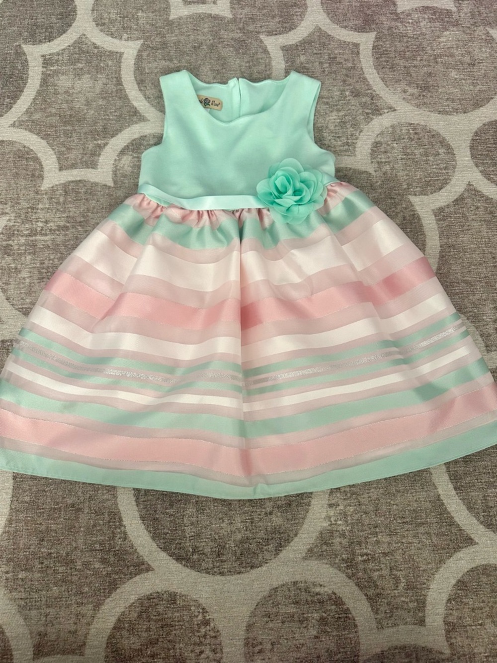 Mint & Pink Striped Flower-Sash Girls Formal Dress
